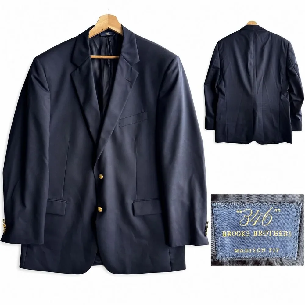 Brooks Brothers 346 Madison Fit Blazer Navy Gold Logo Buttons Men’s Size 46L